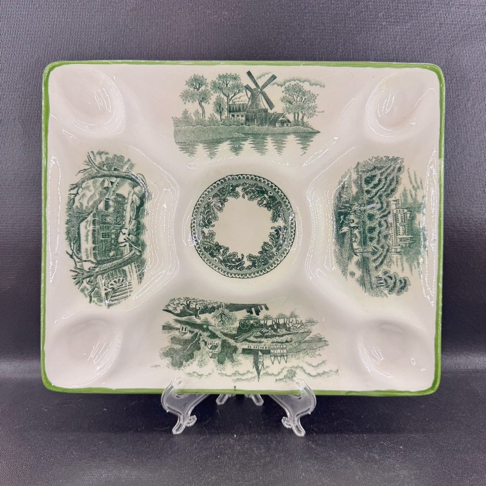 Wales Green Transferware Appetizer/Egg Plate - Windmill, Castle, Village Japan